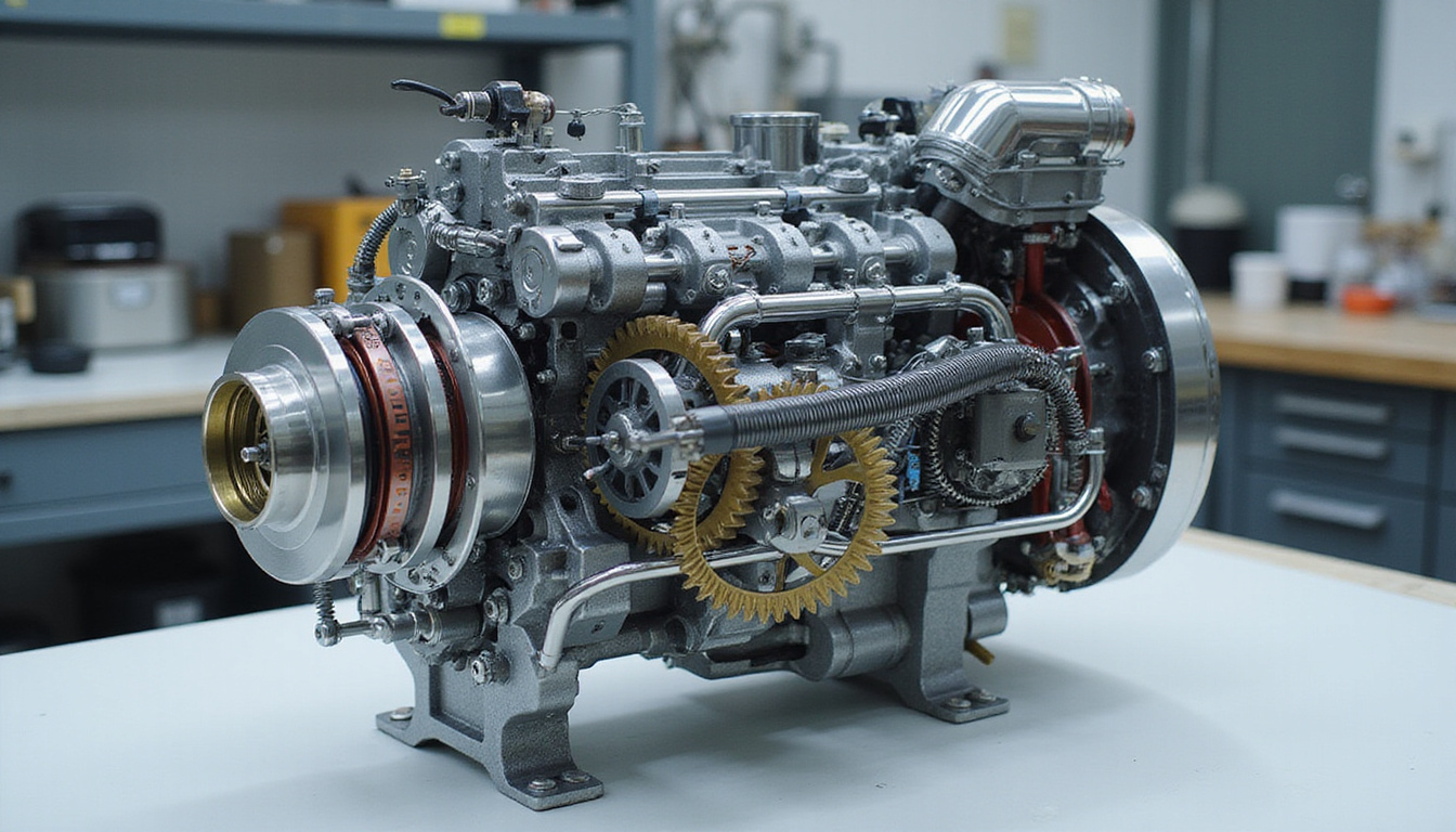  Cutaway view of next-gen hybrid engine prototype, intricate gears and eco-friendly technology, high-tech workshop background