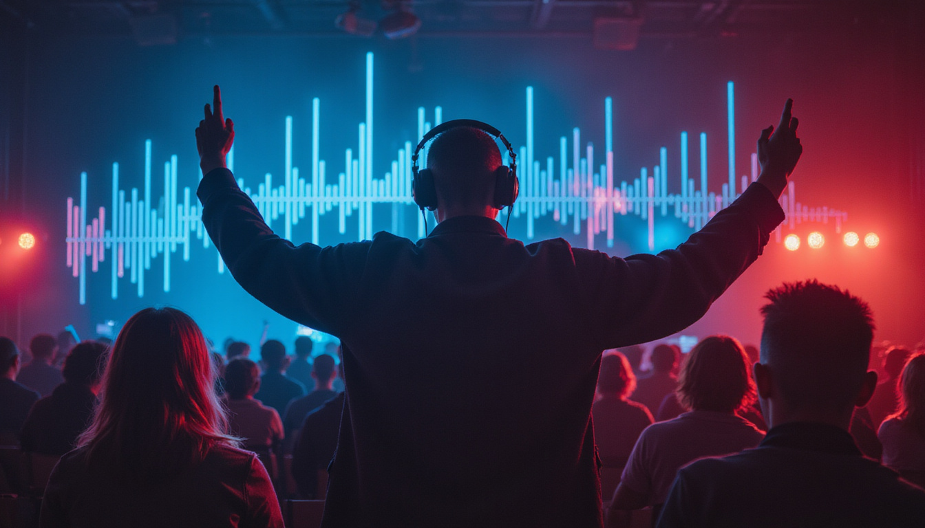 diverse audience with headphones, engaging with dynamic podcast waveforms and charts