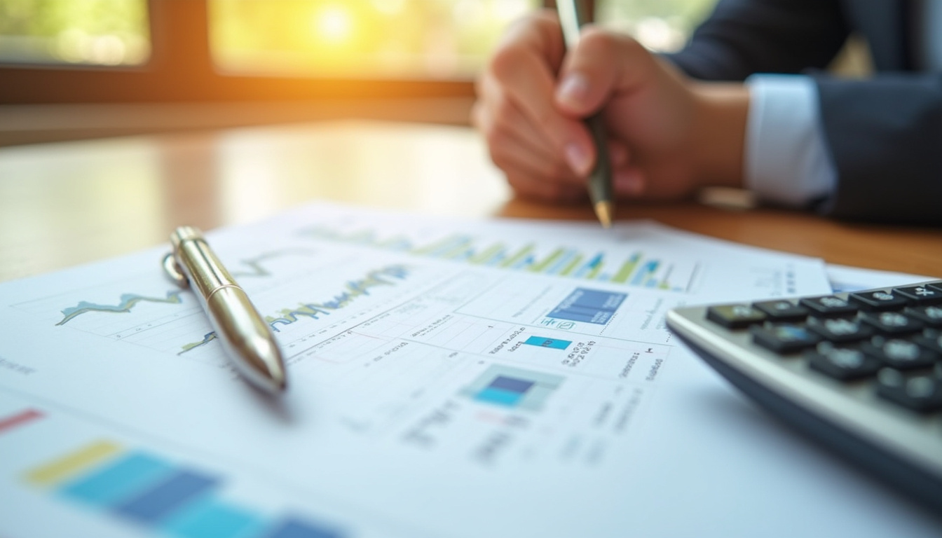Close-up of financial documents, pen, and calculator on wooden desk, warm natural light