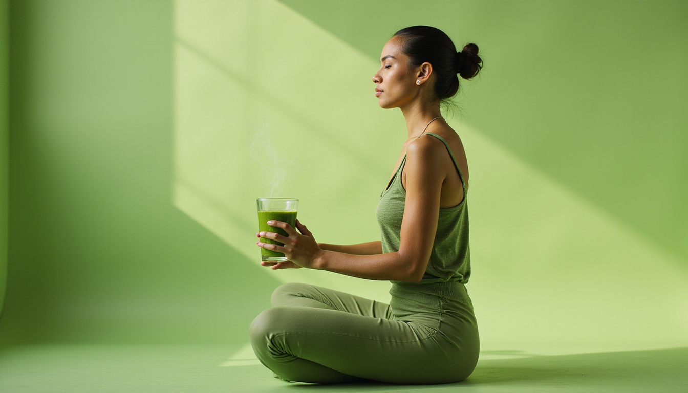 serene person meditating with green smoothie, digestive system aura, natural healing environment