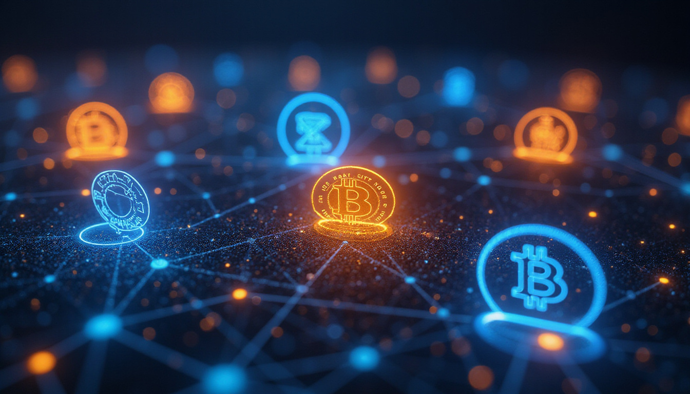 diverse crypto symbols glowing over an abstract blockchain network background