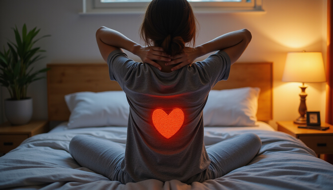 Cozy home scene with person using heating pad on lower back, soft lighting