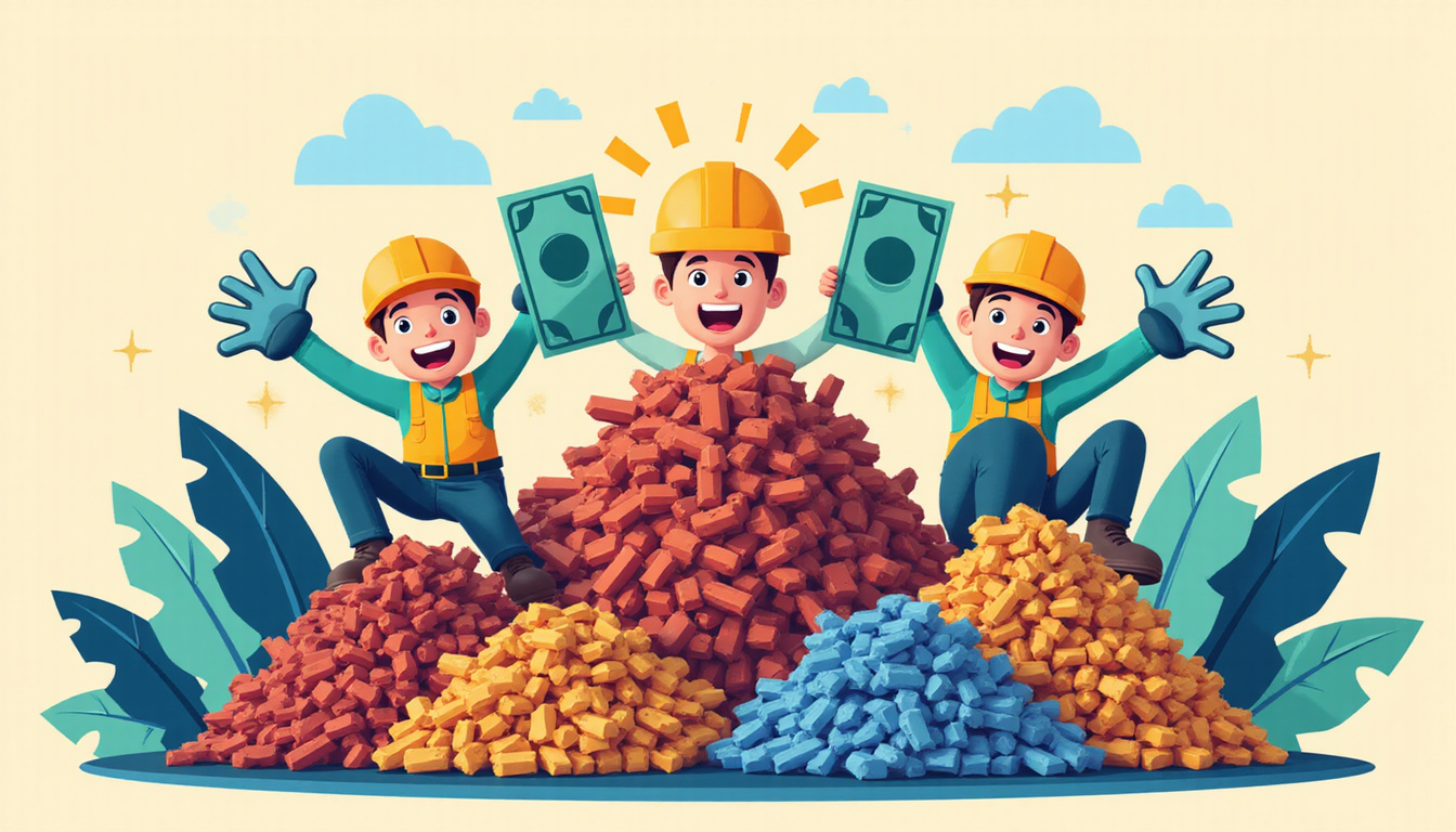 organized scrap metal piles with smiling workers and cash symbols in background