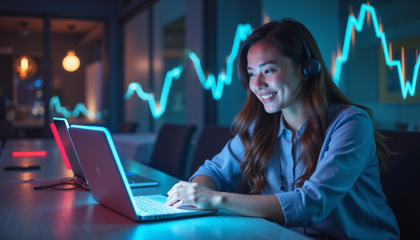 Happy customers interacting with seamless, automated call answering solutions on glowing devices, dynamic growth charts in background