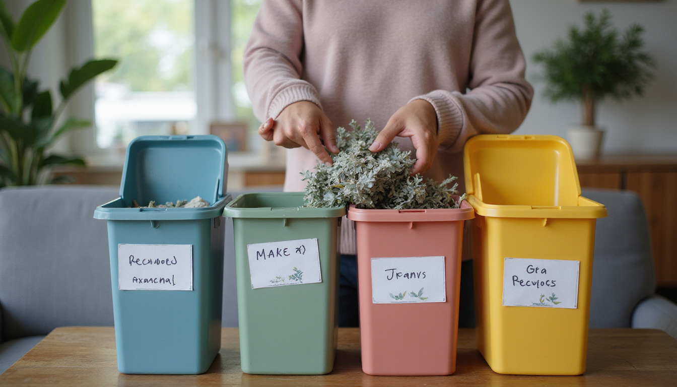 hands sorting recyclables and trash into labeled bins, efficient junk removal, cozy home background