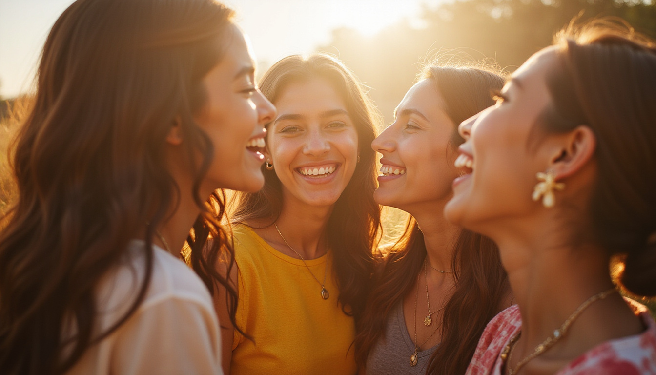 Diverse group sharing joyful moment, warm light, harmonious atmosphere, uplifting connection, happiness and well-being