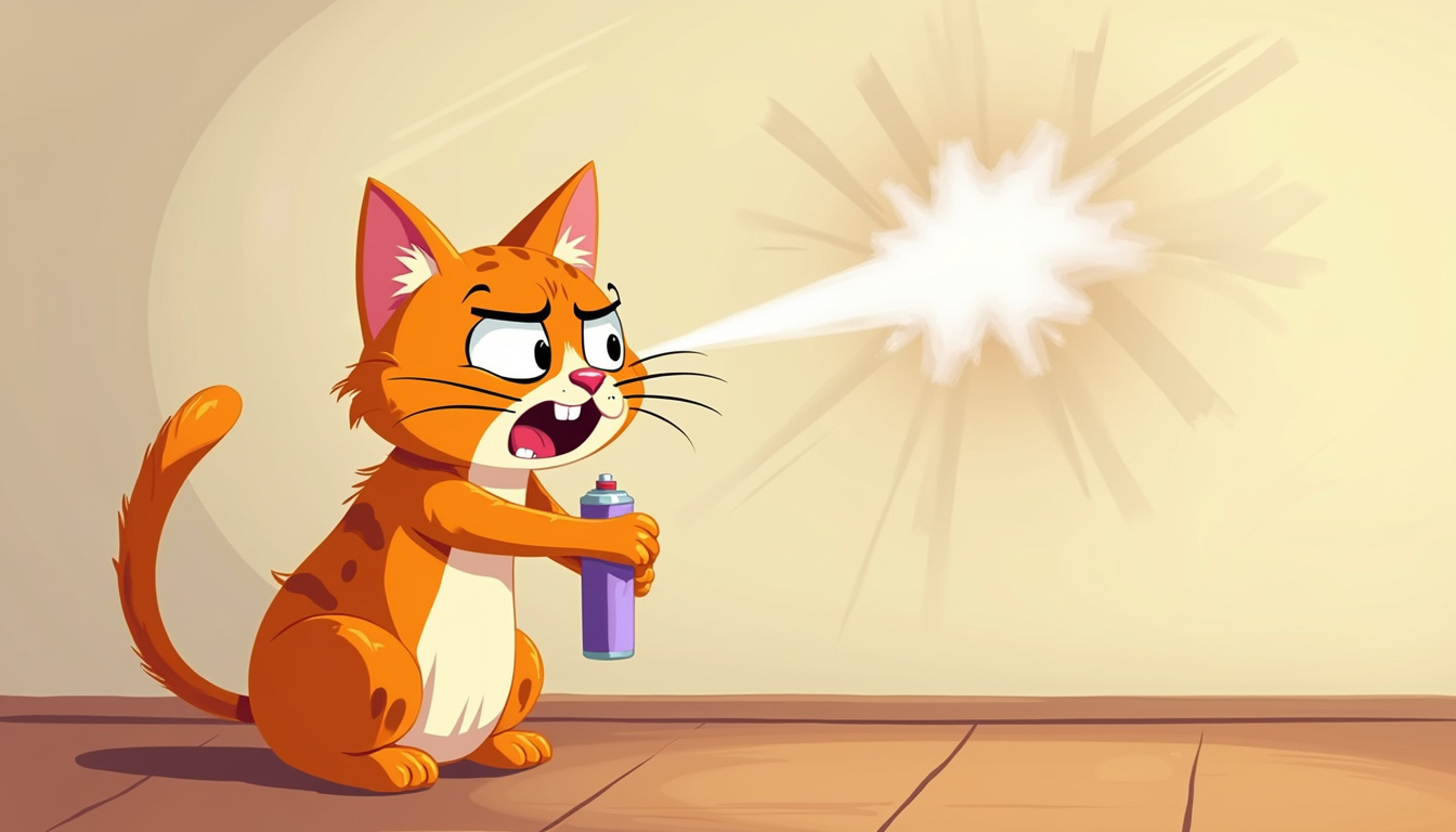 Angry cat spraying spray on walls indoors, frustrated owner trying solutions