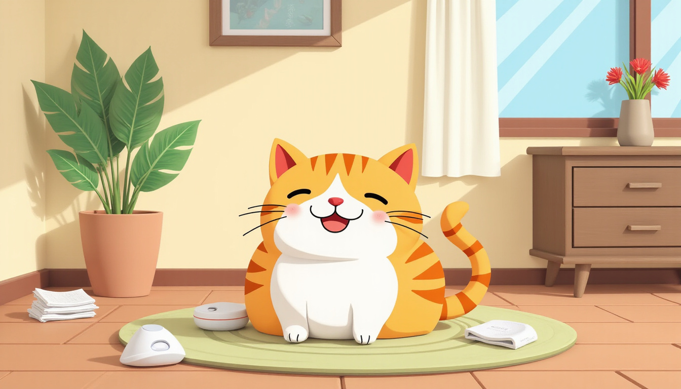 Calm cat with deterrent devices, clean home interior, happy owner relief