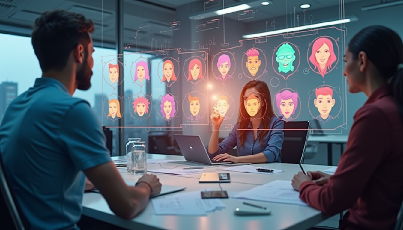  diverse team collaborating around holographic customer profiles in modern office, vibrant colors