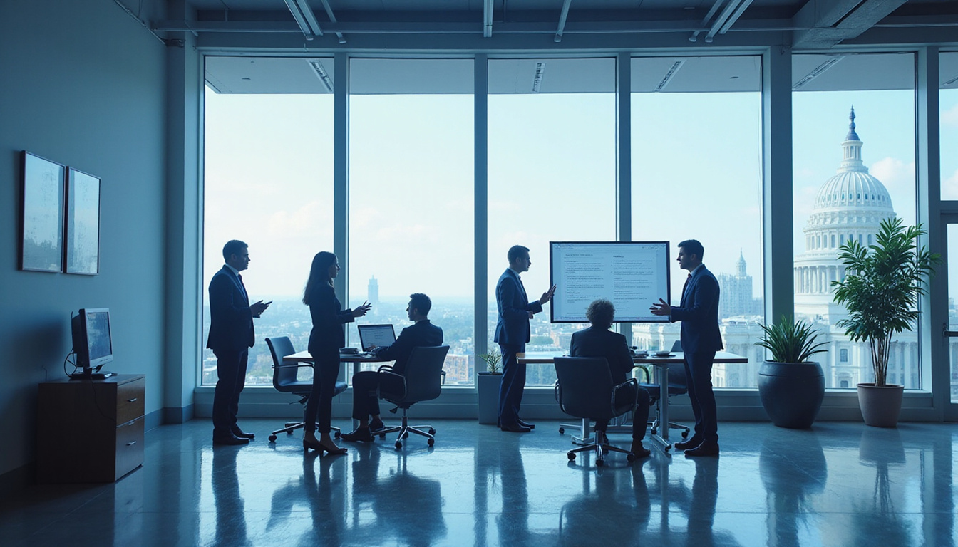 Federal project team collaborating over secure government contract documents in modern office