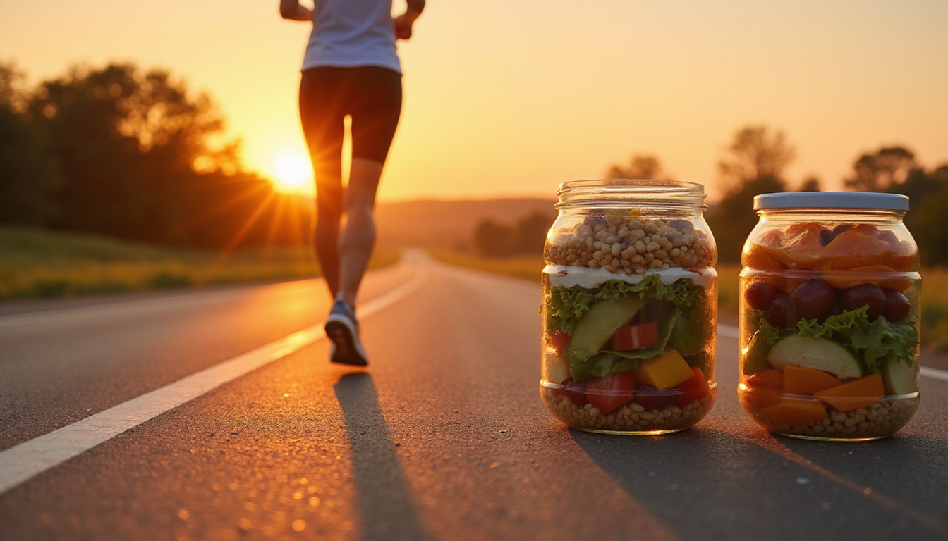 Energetic person jogging at sunrise, meal prep containers with low carb foods nearby
