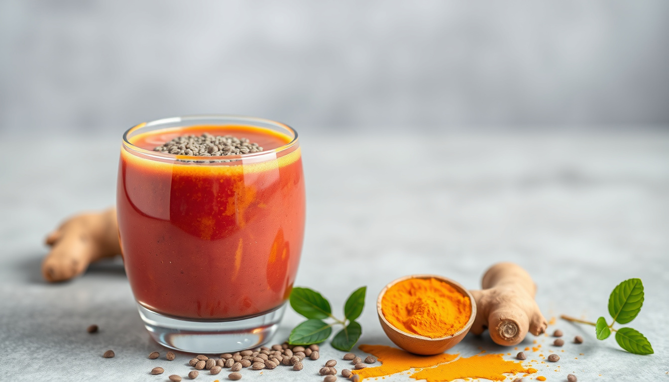 Vibrant smoothie with turmeric, ginger, and chia seeds, immune support concept