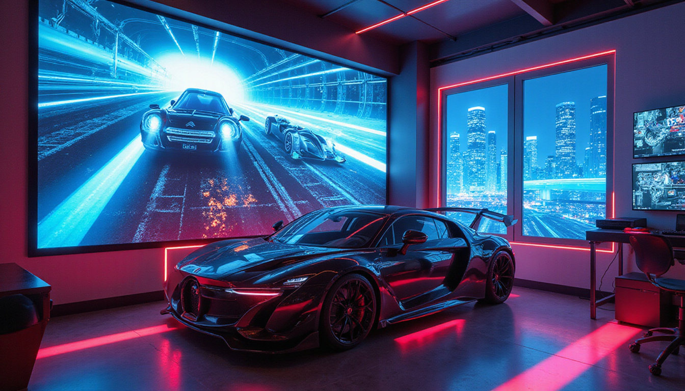 futuristic racing simulator room, holographic aerodynamics, precision engineering tools