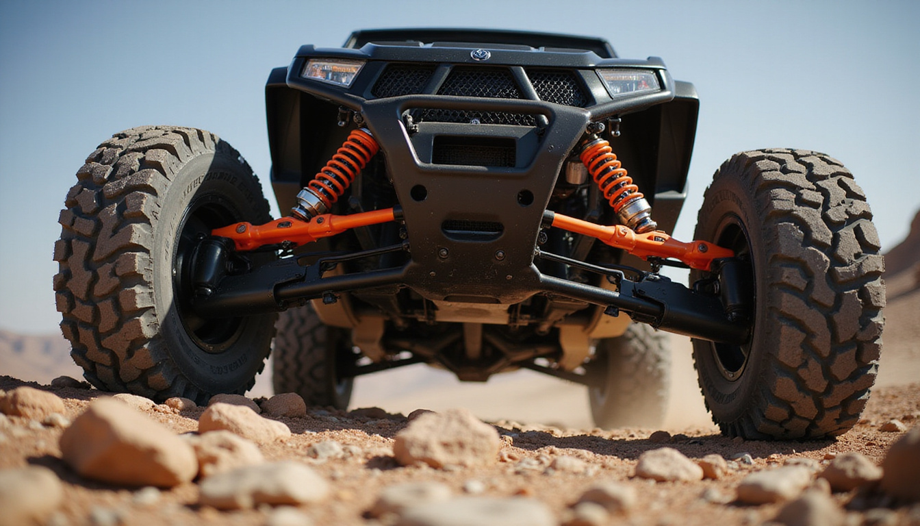 close-up of off-road racing vehicle suspension with heavy-duty shocks, rocky terrain, dynamic action shot