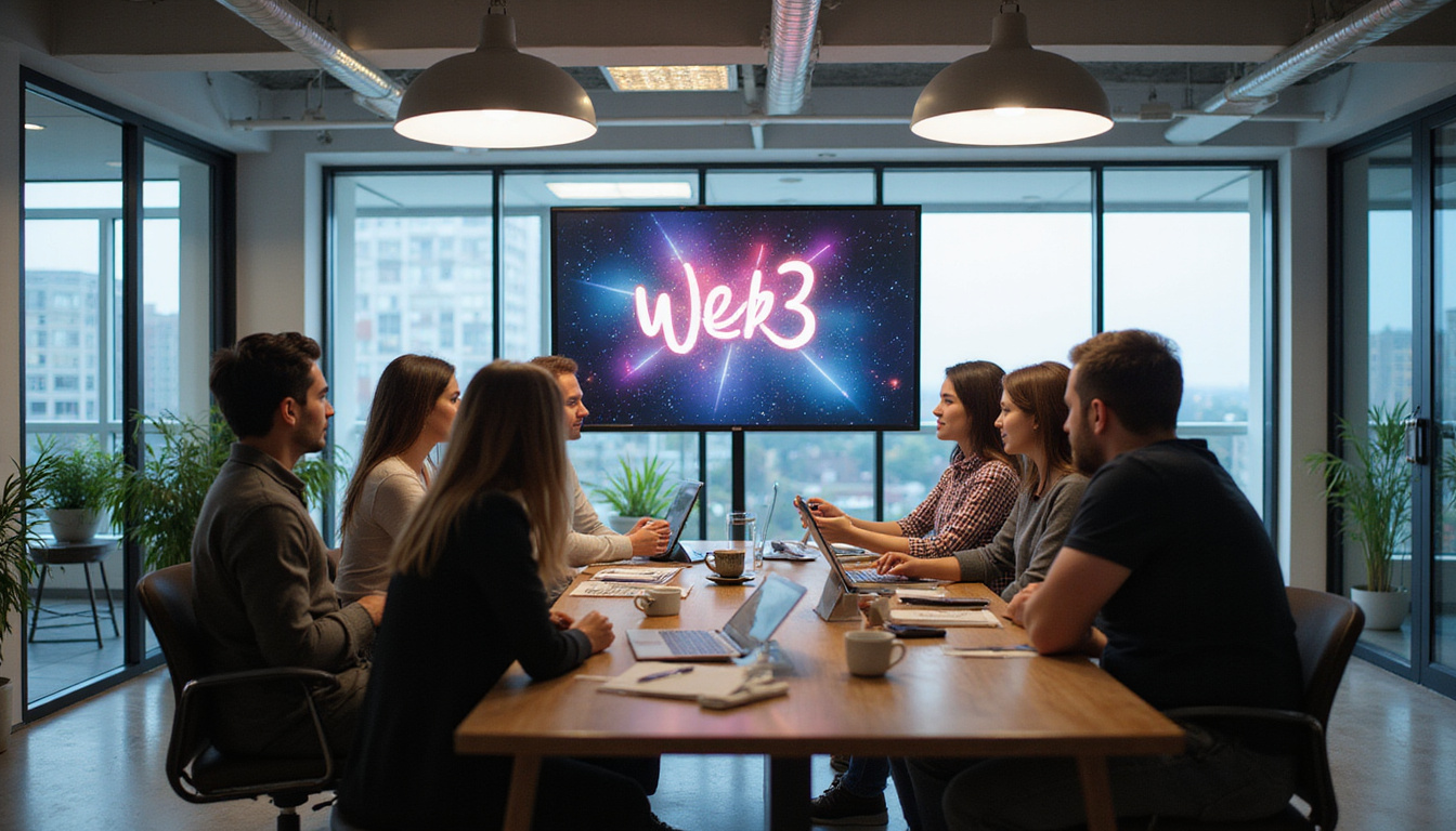diverse group discussing Web3 advertising strategies in a high-tech, collaborative workspace