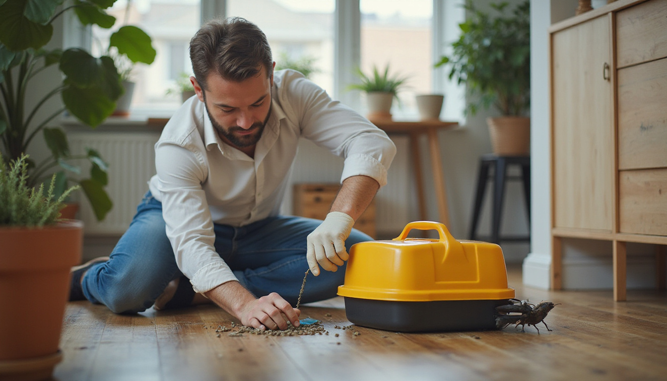  Urban pest control specialist placing bait stations in home, focused atmosphere