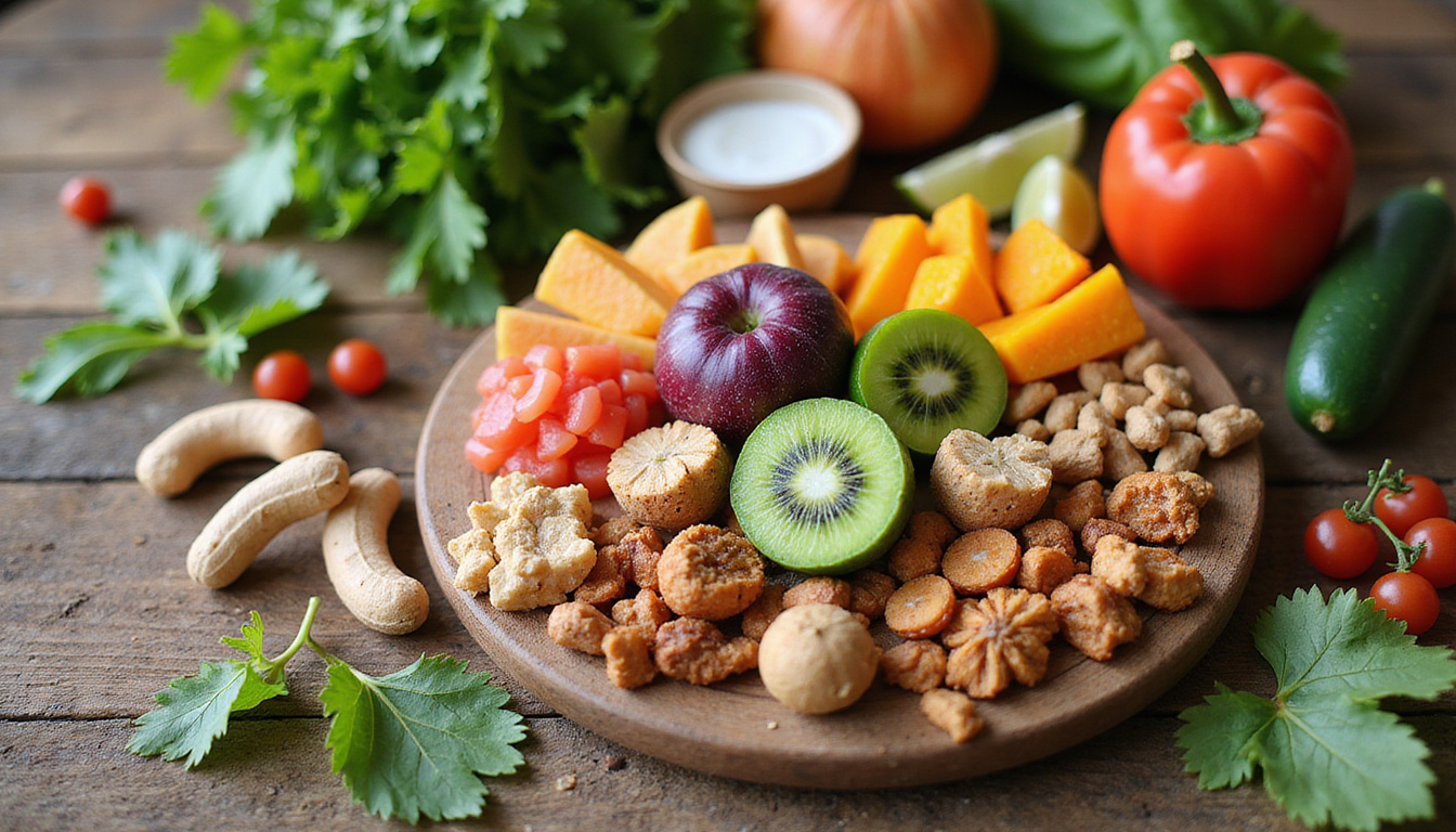 fresh fruits, vegetables, and probiotics on rustic wooden table, natural gut health boosters