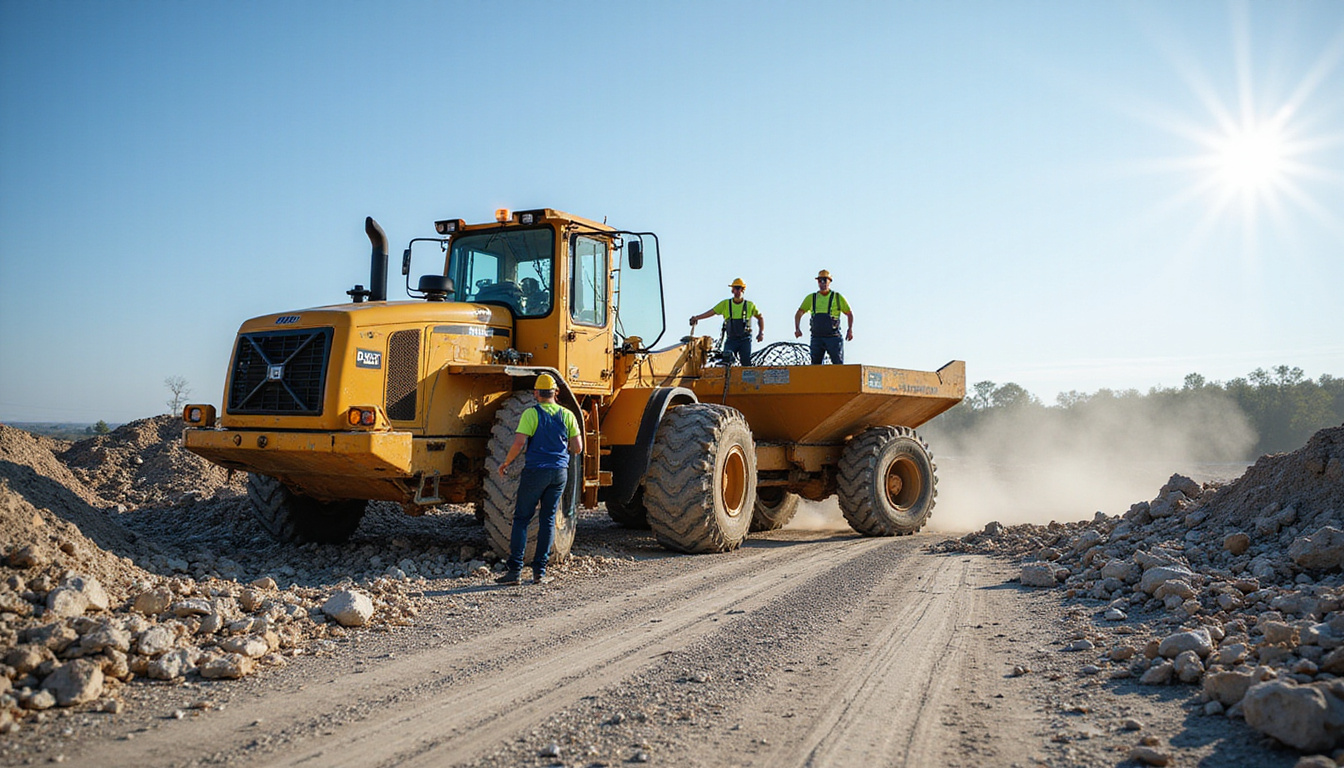 Professional crew using advanced machinery to haul construction debris, bright sunny day