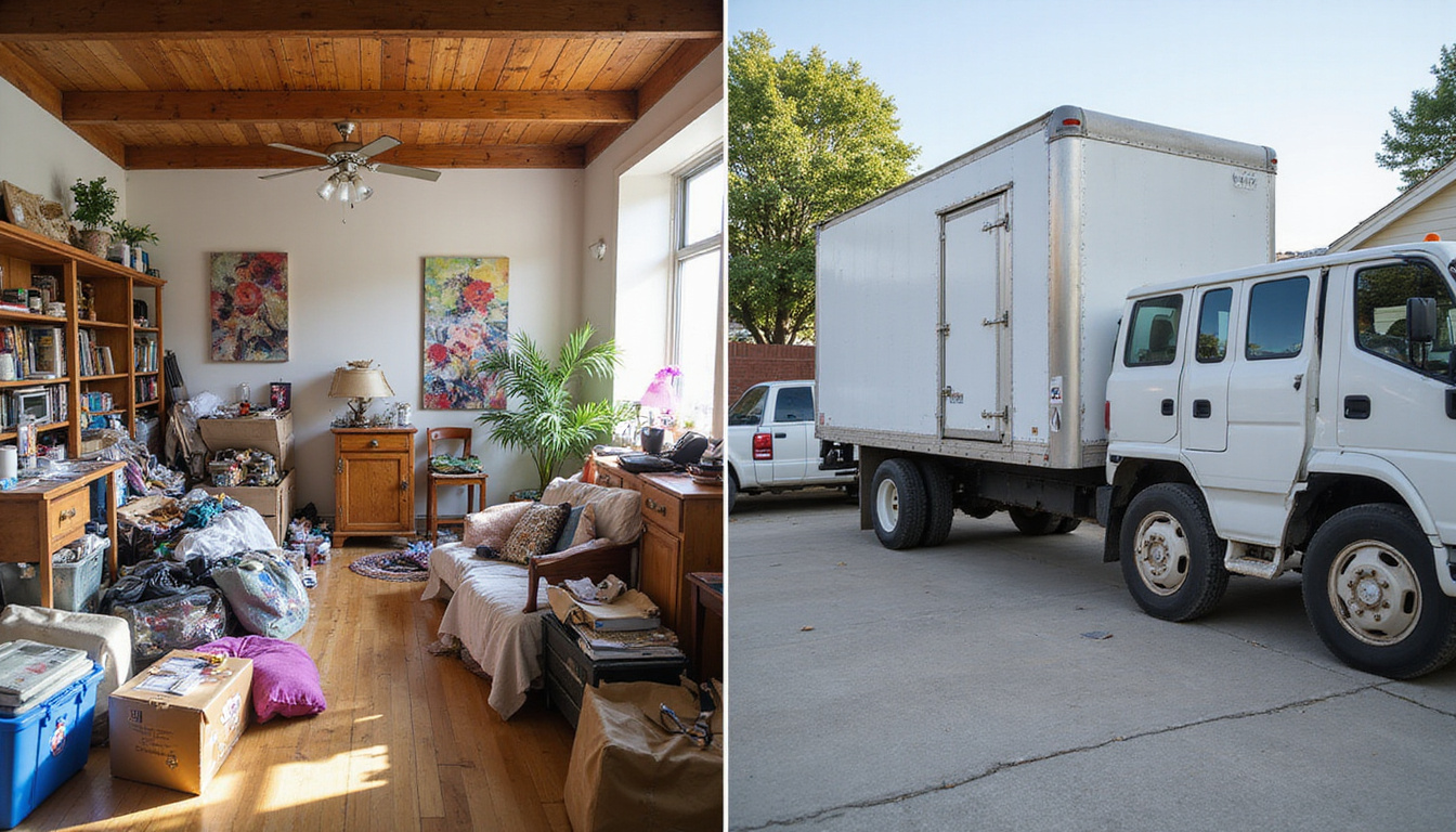 Before and after scene of cluttered messy room transformed into tidy organized space, professional junk hauling truck nearby