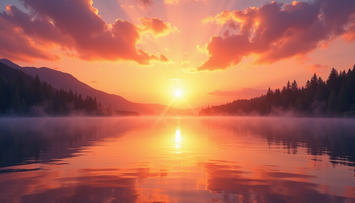 Vibrant sunrise illuminating a peaceful landscape with floating spiritual icons