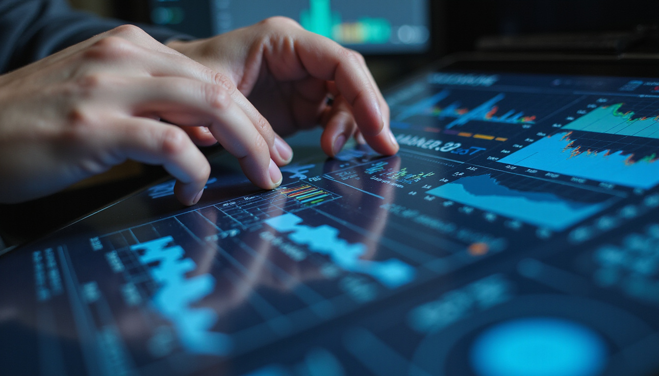  close-up of hands configuring network settings on advanced computer interface with graphs and data charts