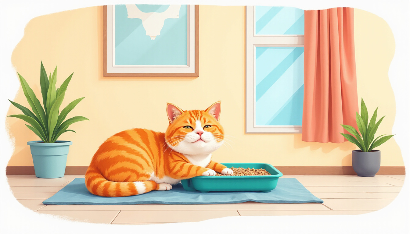 fresh clean home, treated cat litter area, no urine smell, happy cat resting peacefully