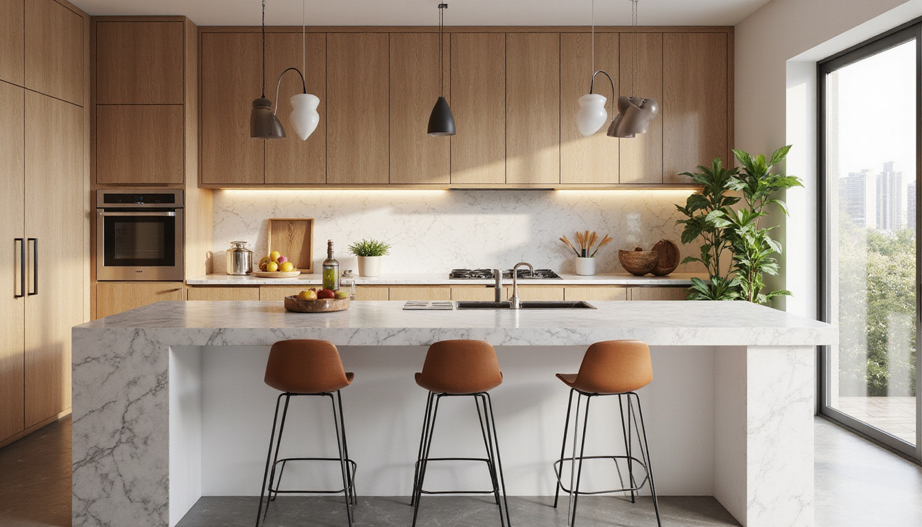  Kitchen makeover with marble countertops, stylish cabinets, and contemporary appliances, warm ambiance