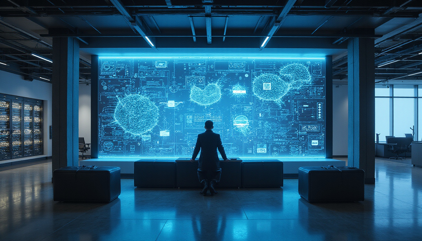 Futuristic government office secure server room, holographic cybersecurity compliance dashboard, contracts flying digitally