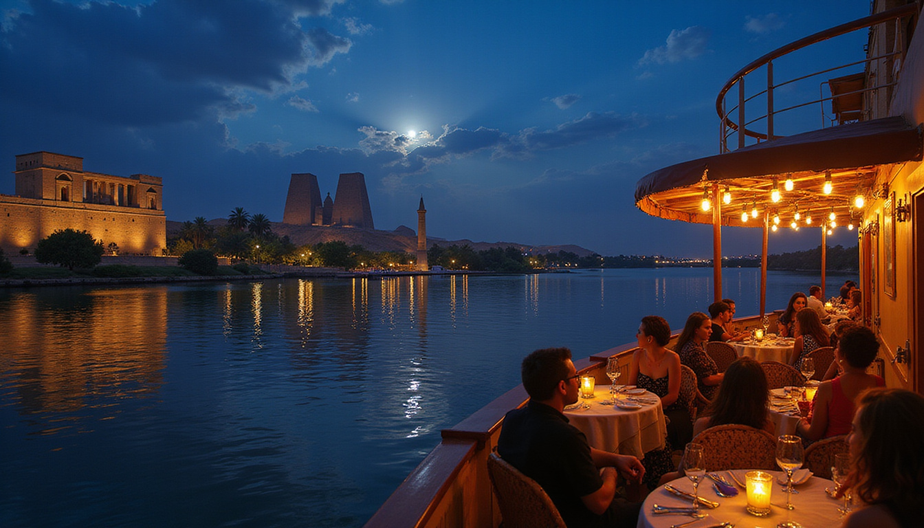  elegant passengers enjoying live jazz on deck, moonlit Nile River with iconic ancient Egyptian monuments in background