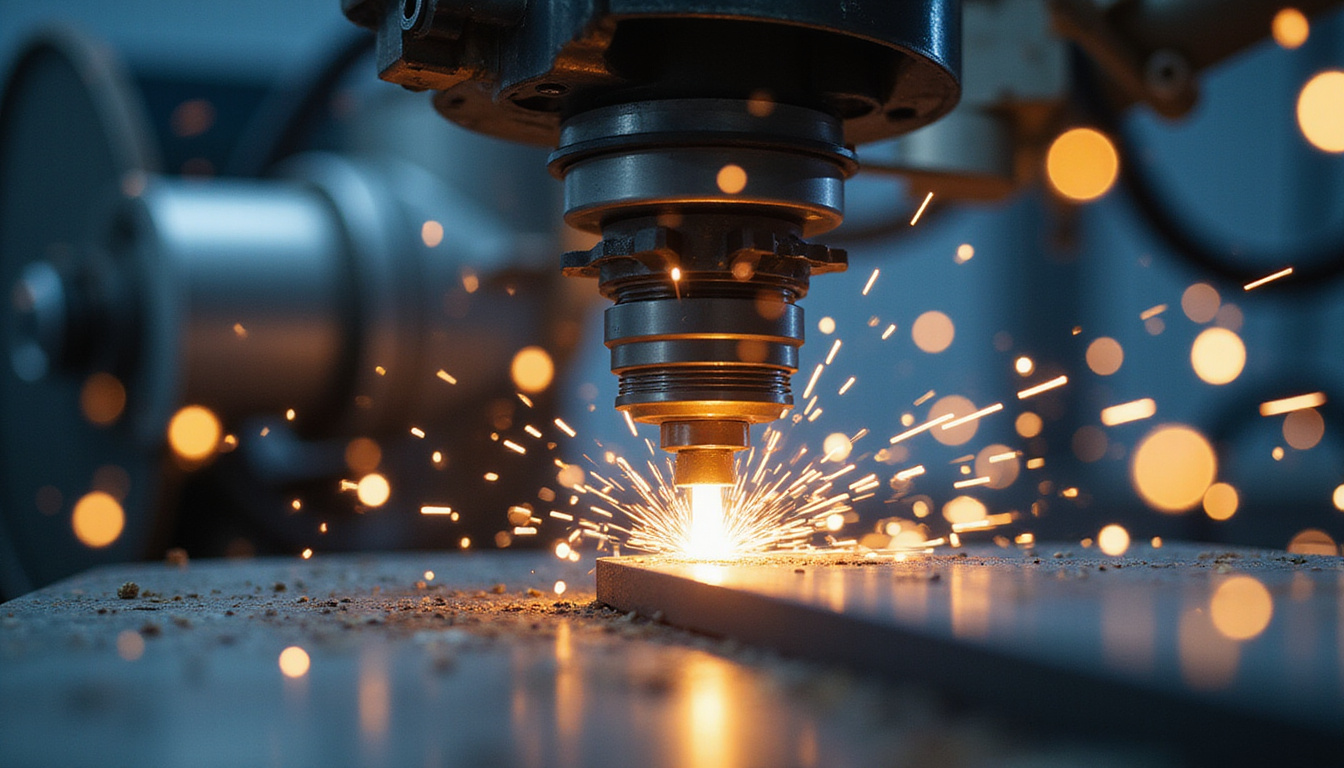 close-up of precision CNC machining on lightweight alloy parts, dynamic sparks flying, advanced racecar engineering