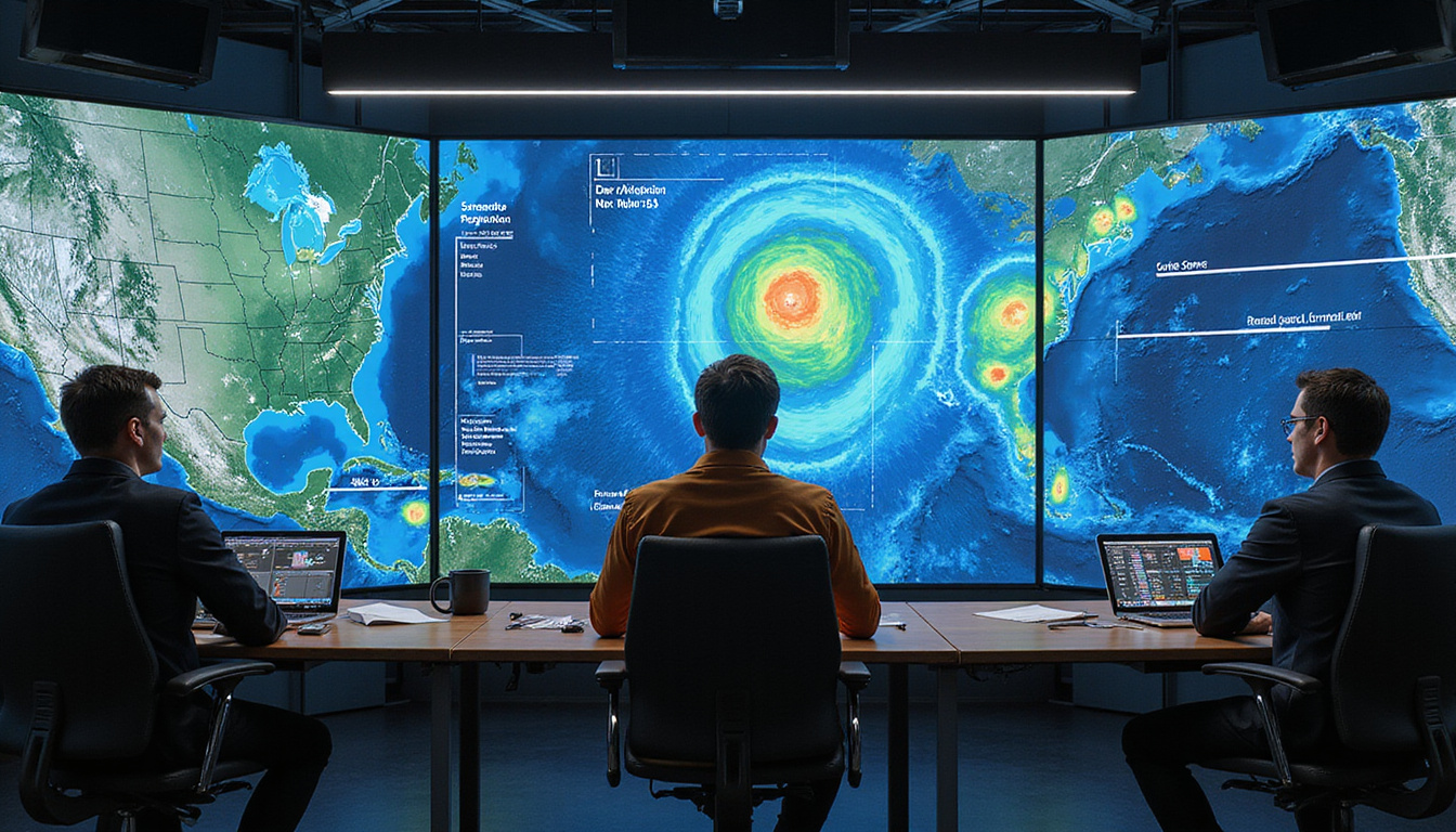 futuristic weather control center with satellite screens, storm prediction charts, off-road racers planning strategies