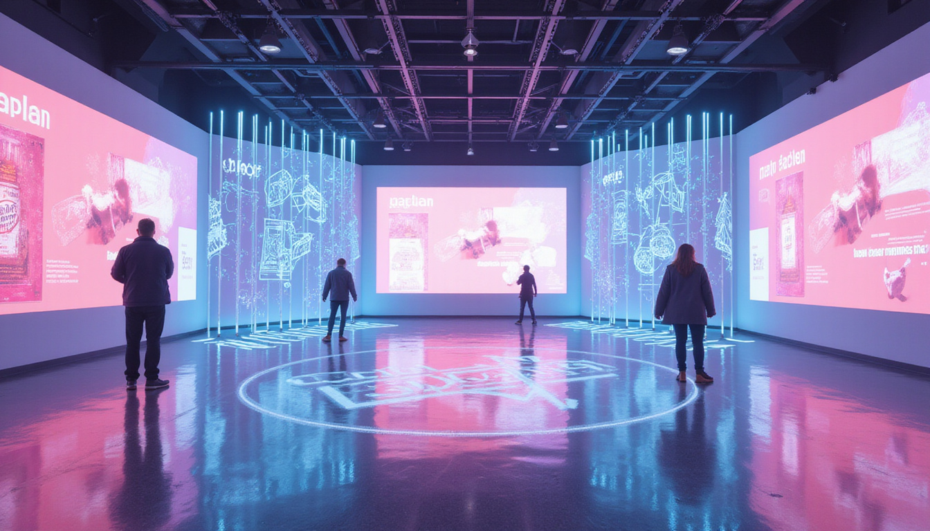  immersive metaverse environment showcasing branded virtual products, holographic ads, and user interaction features