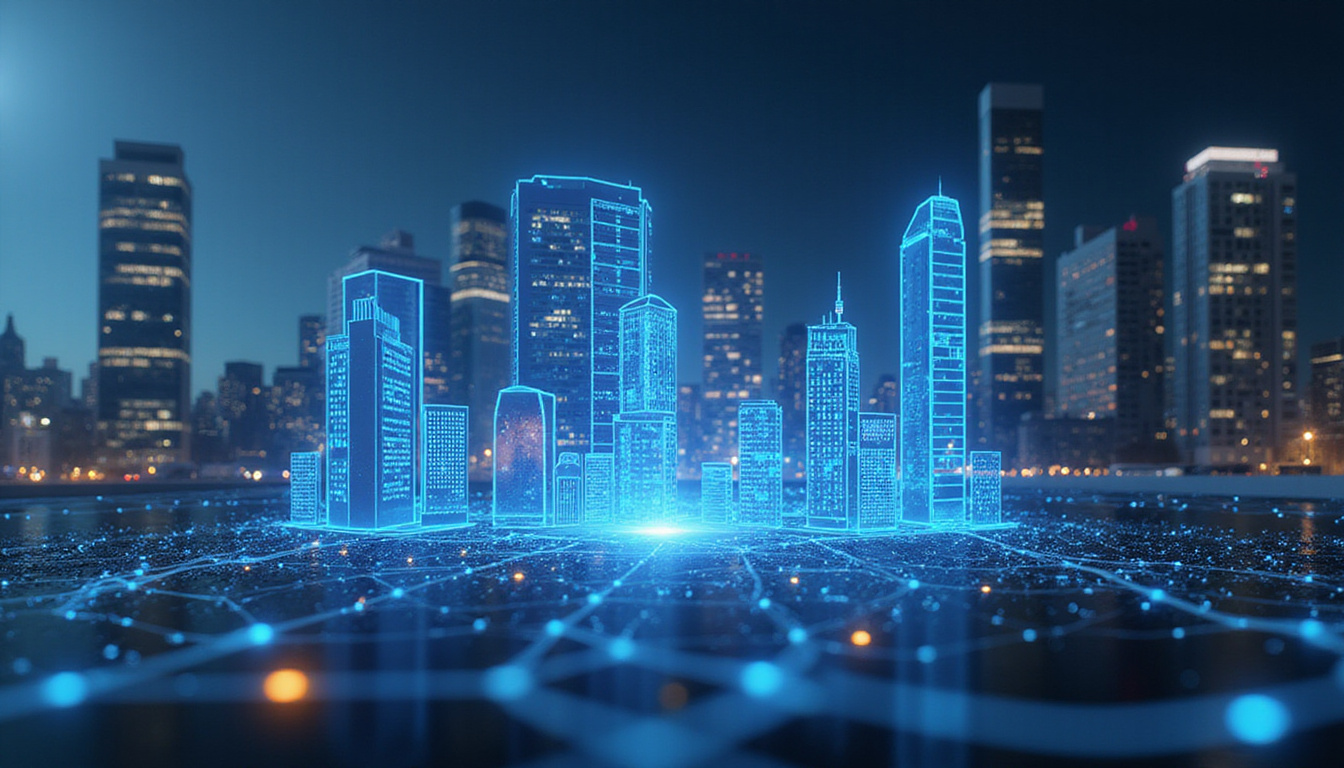  digital property tax calculator interface overlaid on cityscape, real estate graphs and money symbols, futuristic style