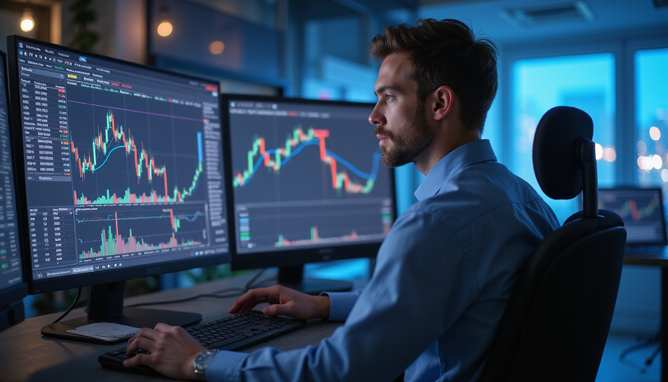  confident trader analyzing cryptocurrency charts on multiple screens in a high-tech office environment