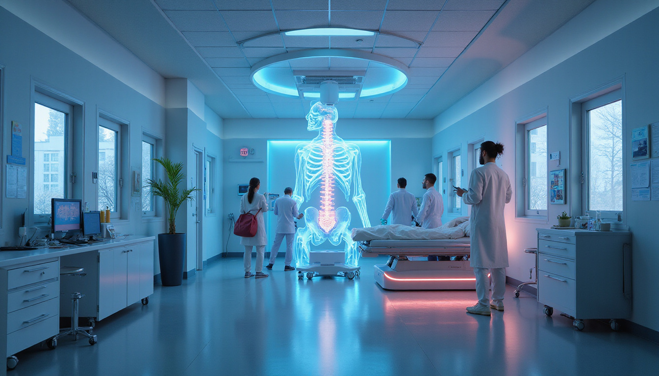  futuristic hospital scene with doctors using advanced technology for spinal cord injury treatment