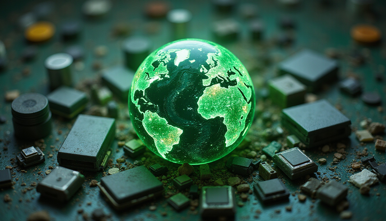 Earth surrounded by recycled electronic parts, green energy aura glowing