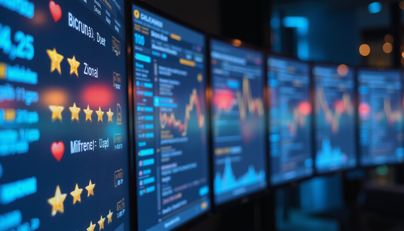 Customer feedback and star ratings on digital screens, vibrant business communication scene