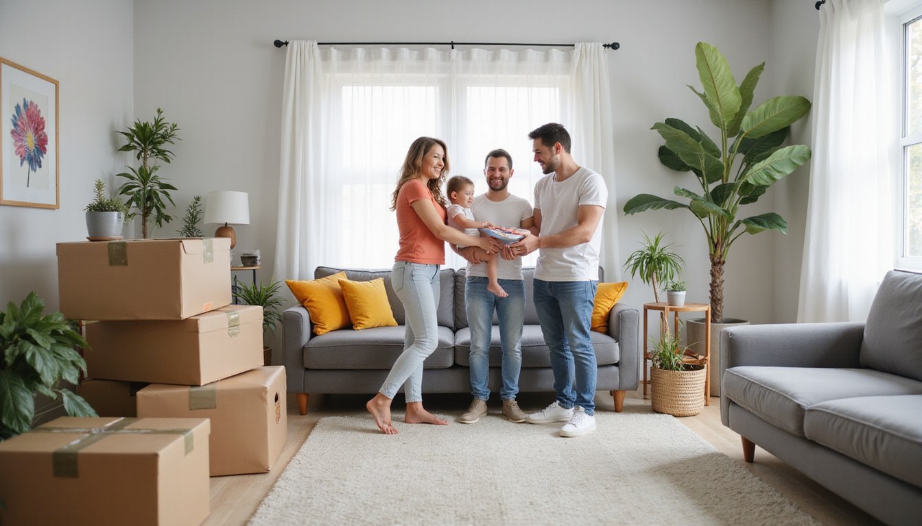 Happy family with clean, organized living room after junk removal service