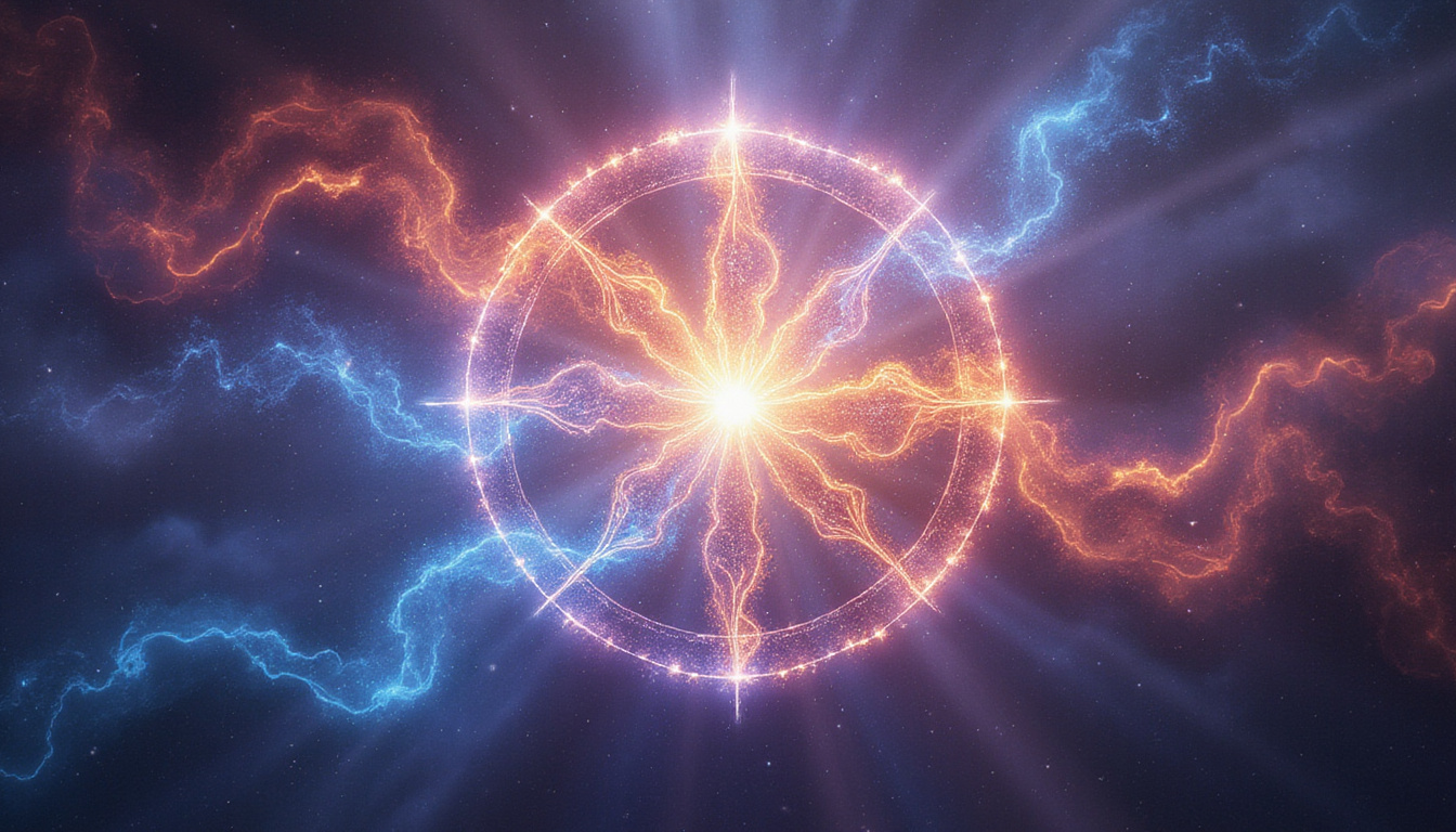 ancient mystical symbols intertwined with radiant energy flows, vibrant spiritual aura