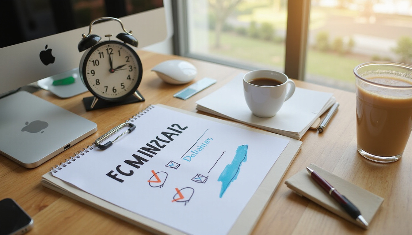 Motivational exam checklist, clock, and coffee cup on a tidy desk, warm lighting