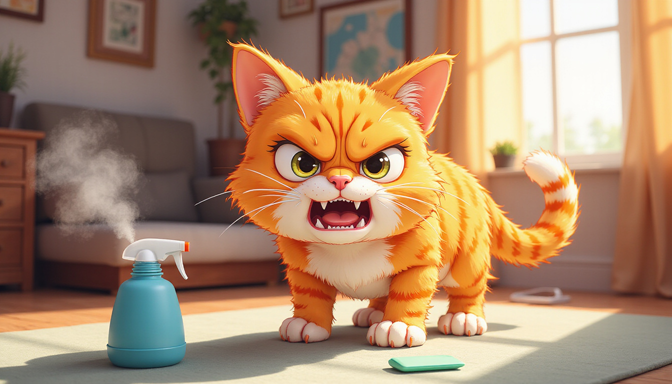 angry cat spraying indoors, vivid fur detail, home interior, tension atmosphere