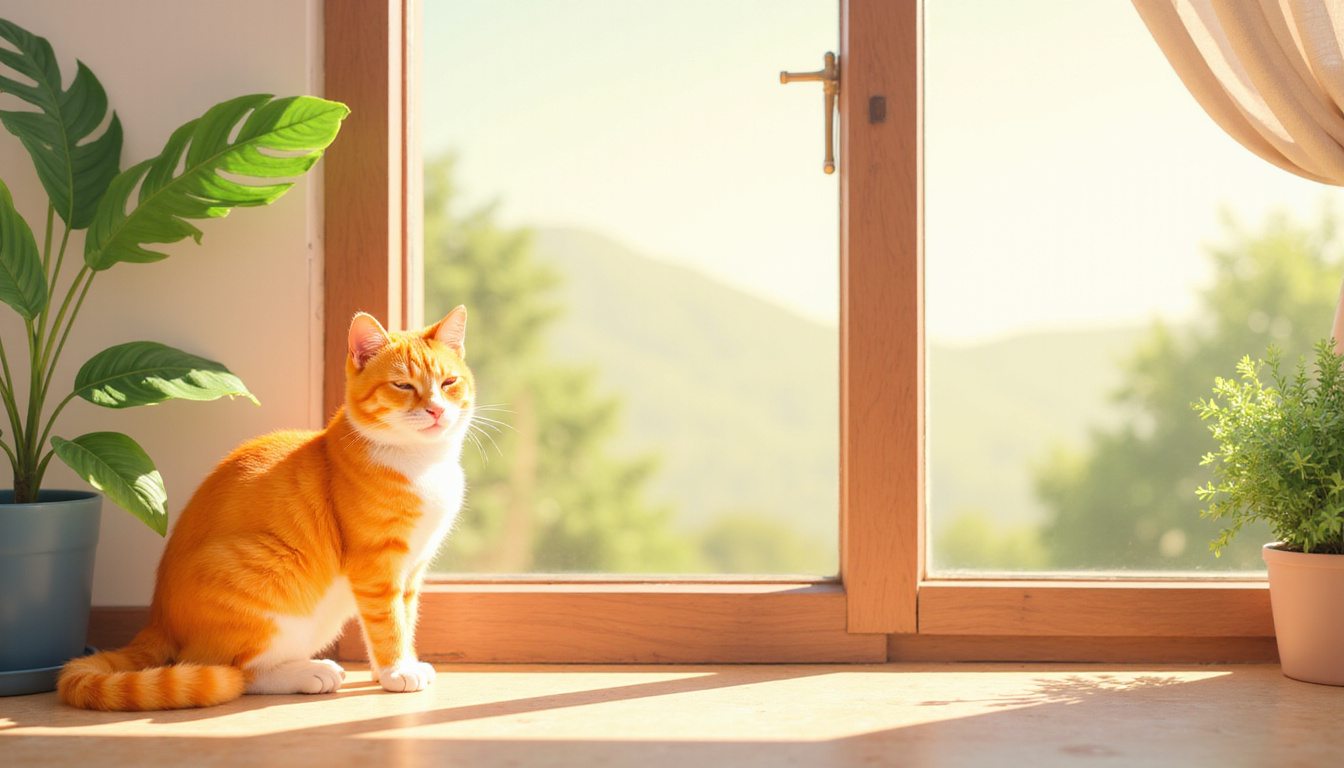 peaceful cat in sunlight, calm home, no spraying, clean and fresh environment