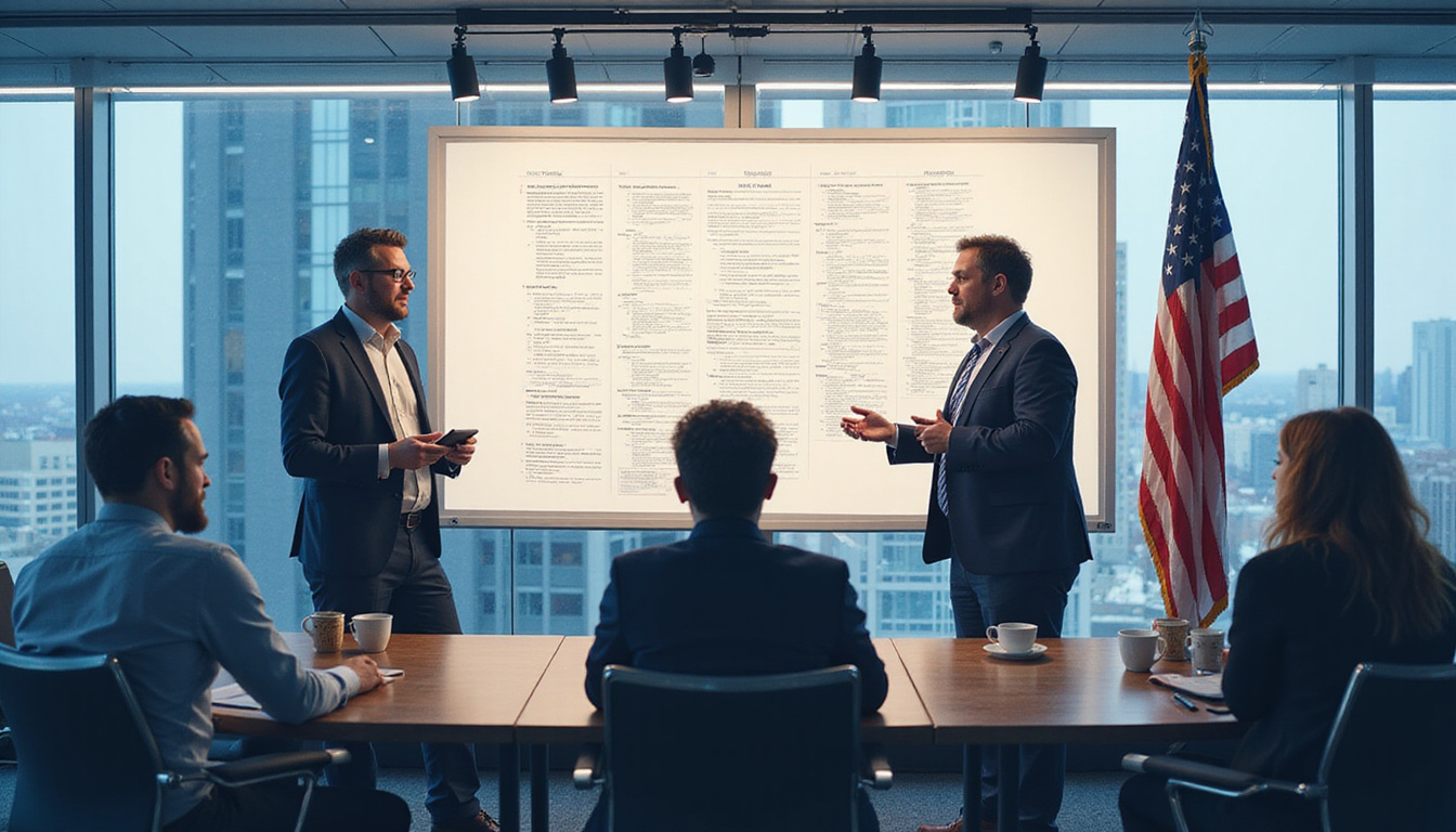 Diverse team discussing security clearance documents, high-tech office, American flag visible