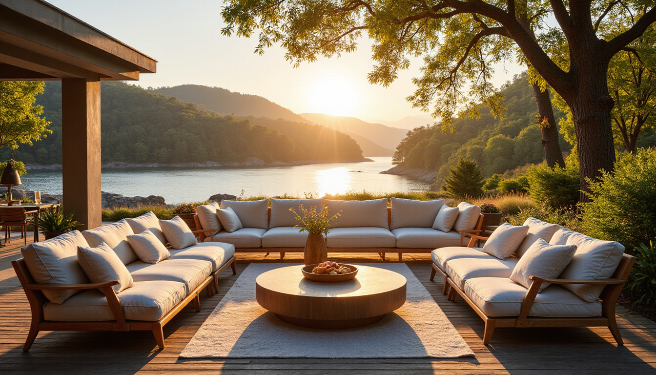  stylish outdoor lounge area with plush furniture and scenic river views, golden hour ambiance