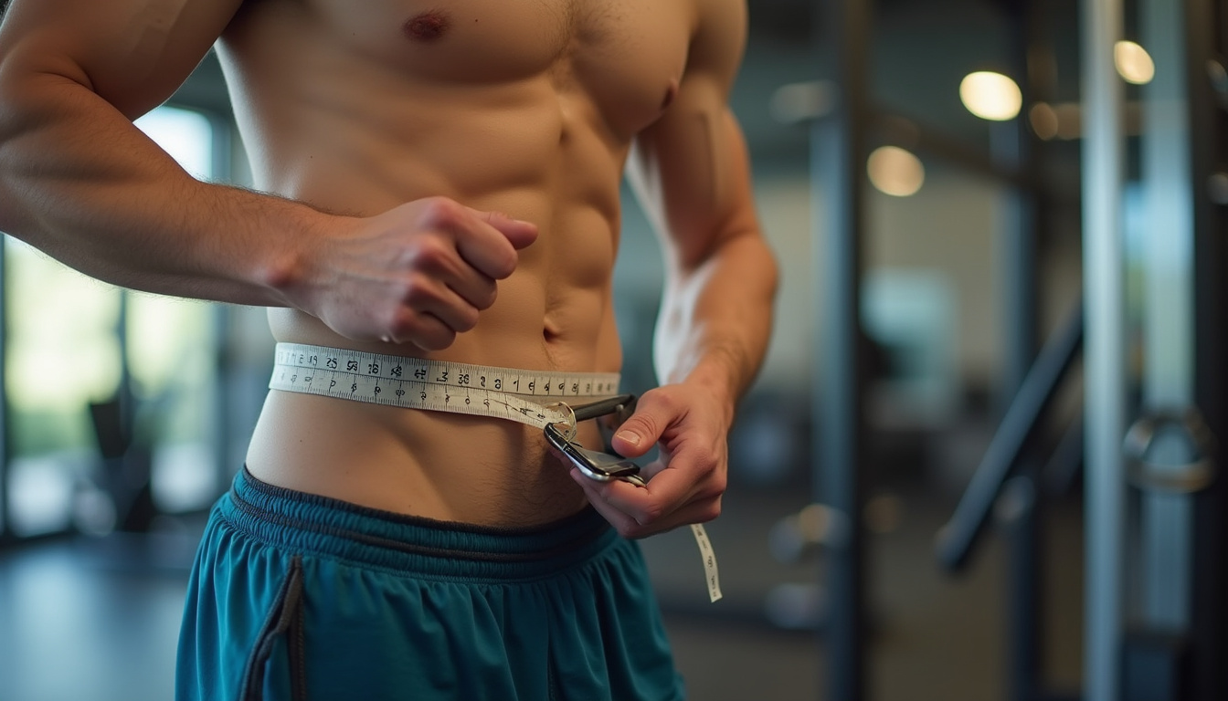  Fit person measuring body fat, smartphone with nutrition app, gym background