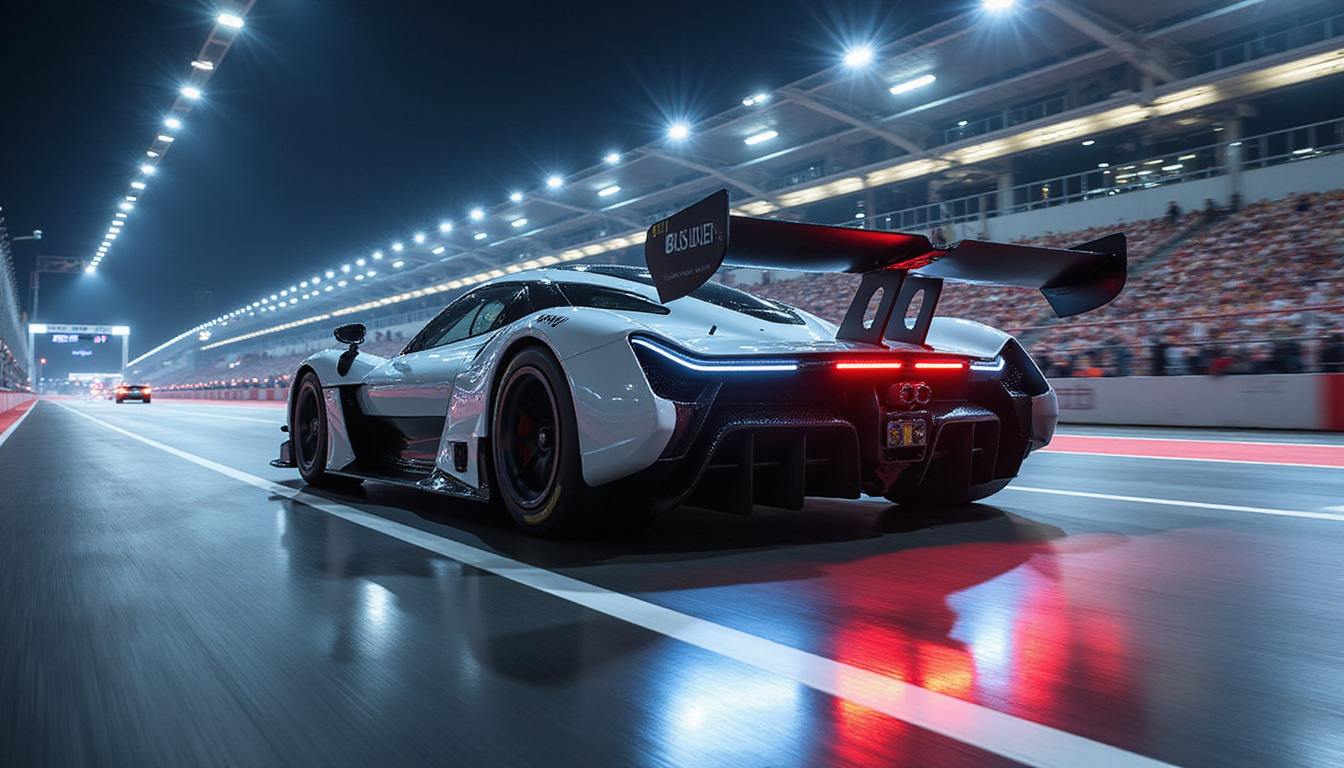 Cutting-edge hybrid race car speeding on track, dynamic aero wings and advanced technology highlighted under stadium lights