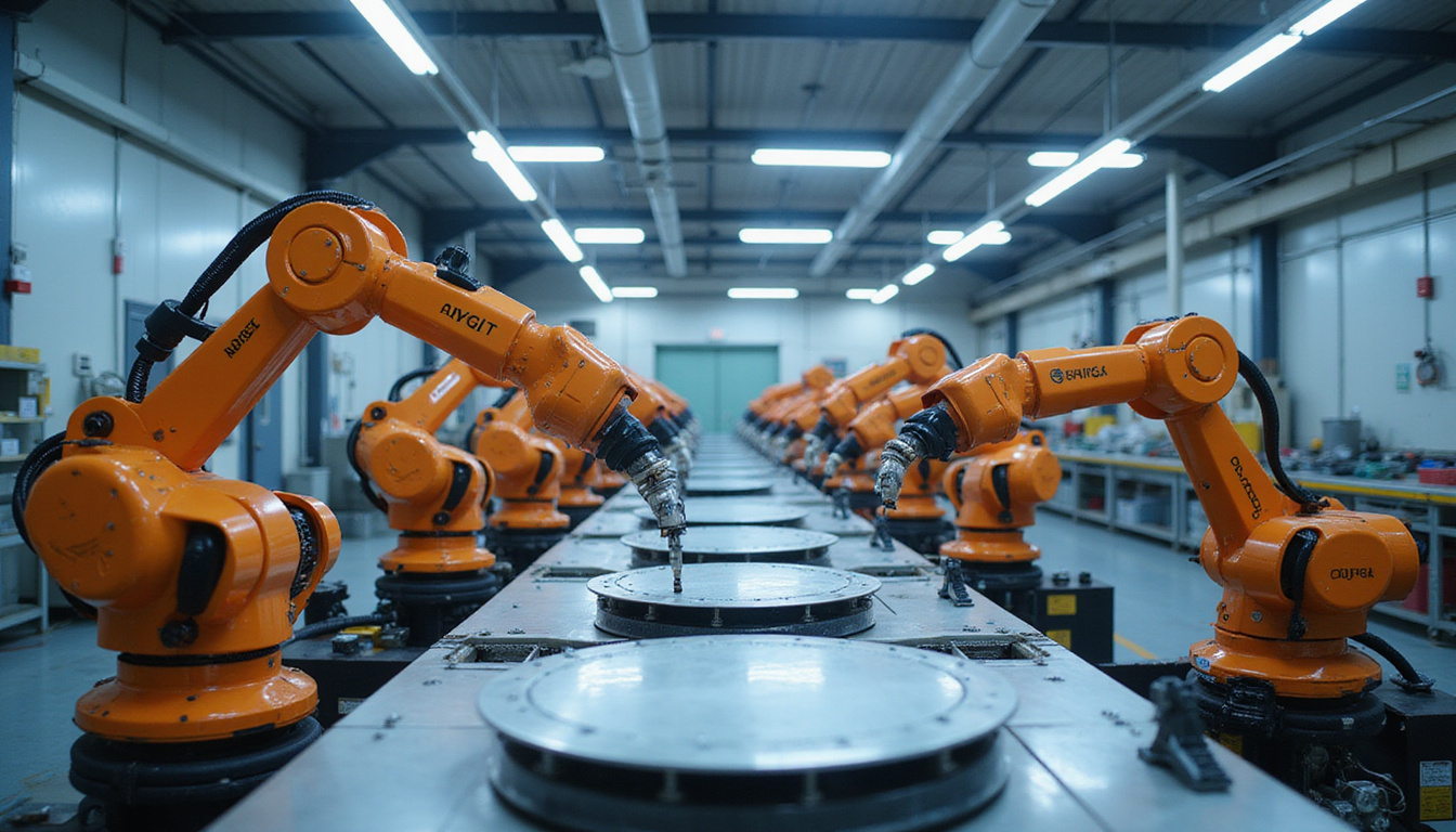 sleek robotic arms coordinating seamlessly in high-tech automated factory environment