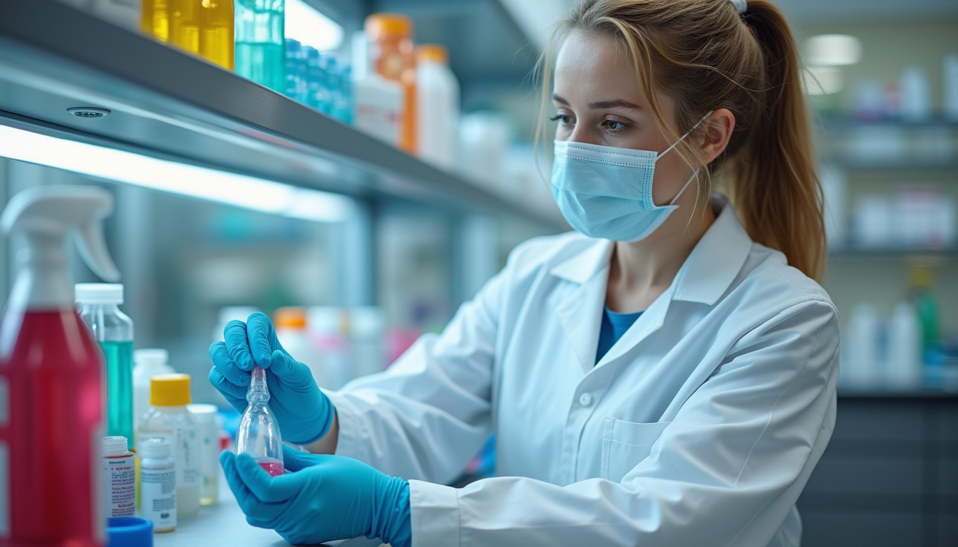  Scientist in lab coat formulating pest control gel, pet-safe environment, bright laboratory lighting