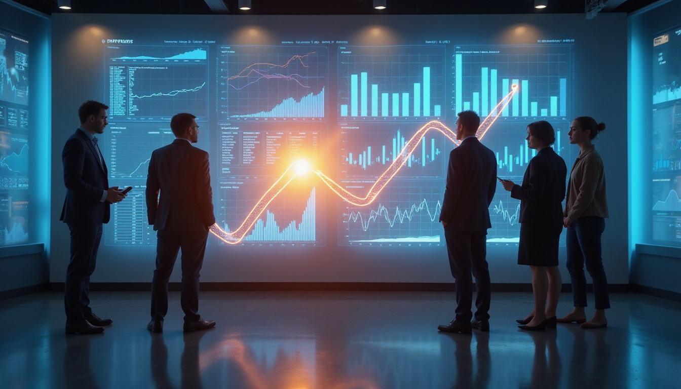  diverse group of investors analyzing property charts on transparent touchscreen, financial growth symbol