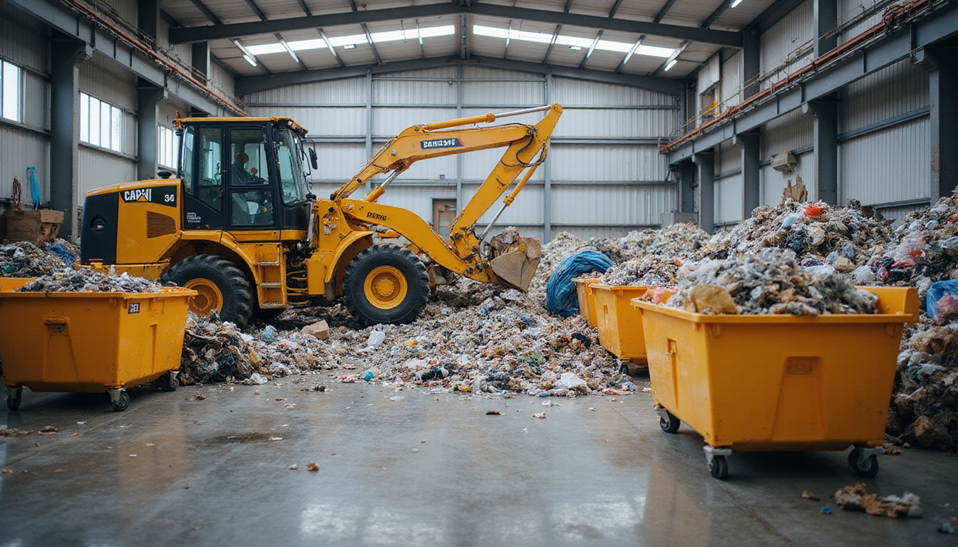 heavy machinery sorting recyclable materials, organized construction waste bins, sunny industrial area